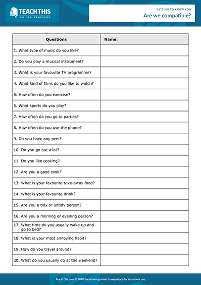 Getting To Know You Esl Activities Games Worksheets