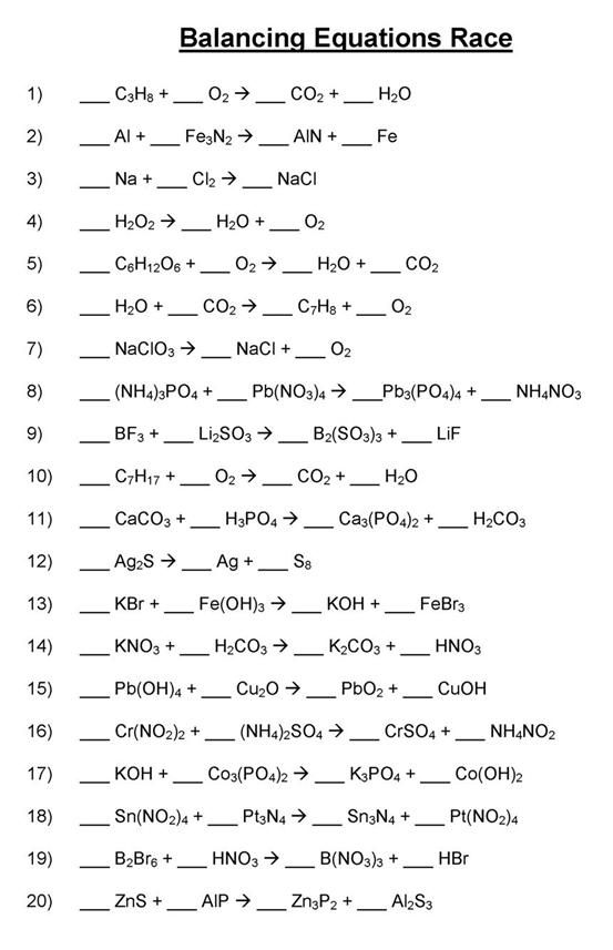 Balancing Chemical Equations Practice Worksheet  Equations