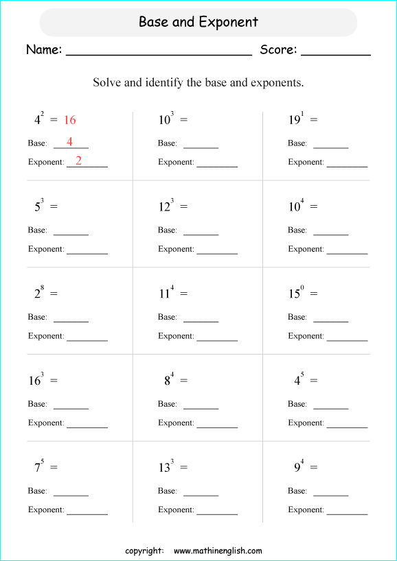 Math Exponents Worksheet For Grade 6 And 7 Math Students In Which