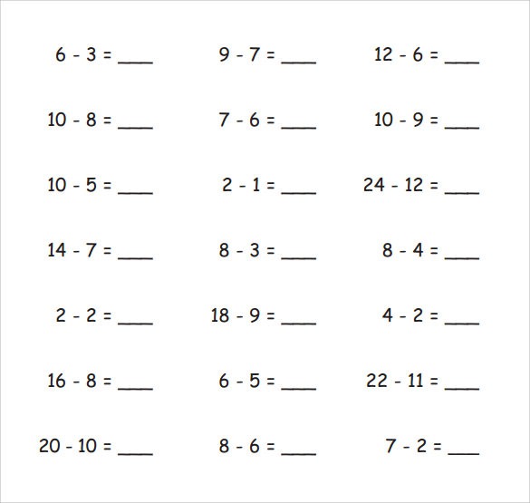 Sample Horizontal Subtraction Facts Worksheet