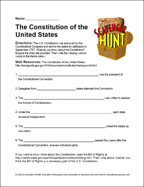 Education World  Scavenger Hunt   The U S  Constitution  Worksheet