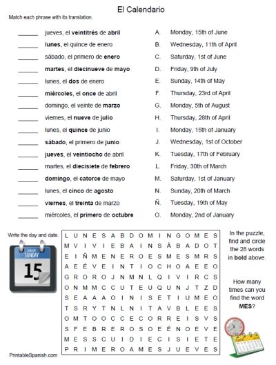 Printable Spanish Freebie Of The Day  El Calendario Worksheet From