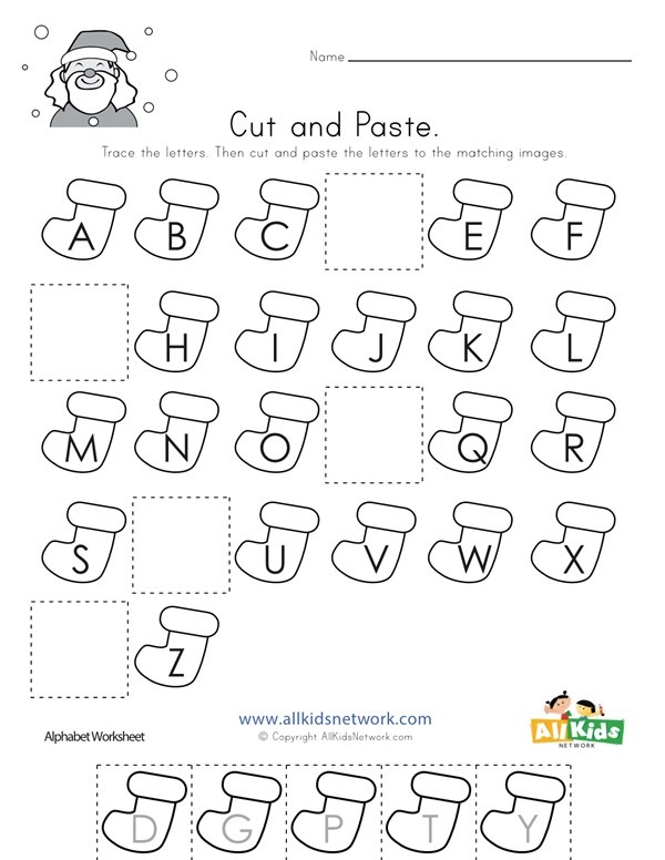 Christmas Cut And Paste Missing Letters Worksheet