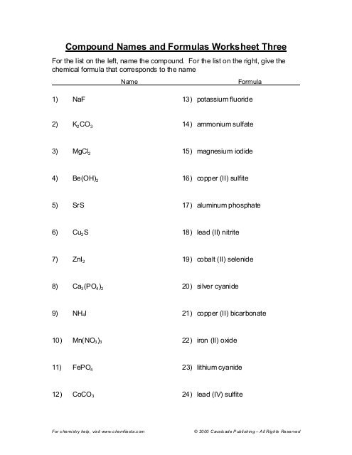 Compound Names And Formulas Worksheet Three