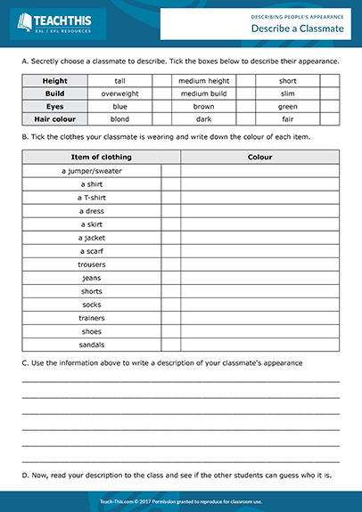 Describing People's Appearance Esl Activities Worksheets Lessons Games