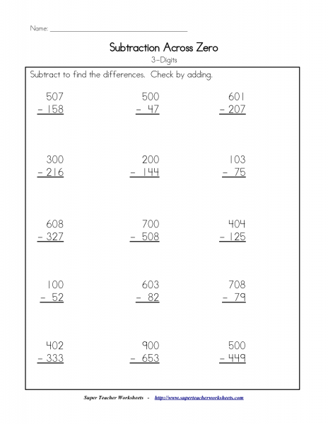 Subtractions With Regrouping Across Zeros Worksheets