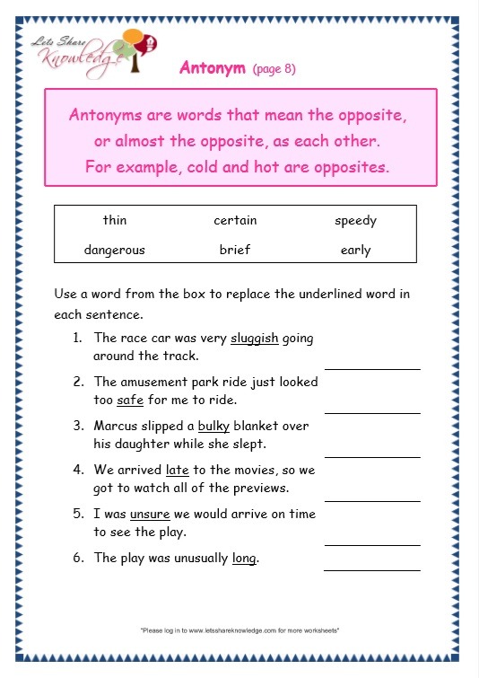Grade 3 Grammar Topic 28  Antonyms Worksheets