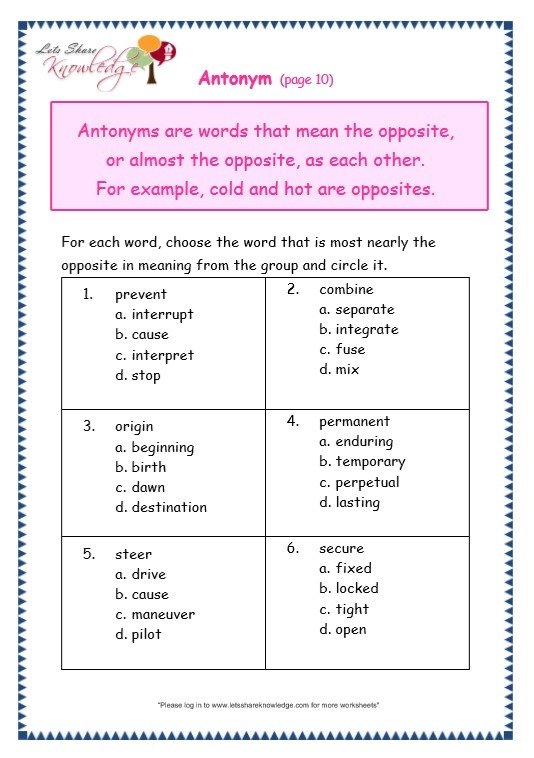Grade 3 Grammar Topic 28  Antonyms Worksheets