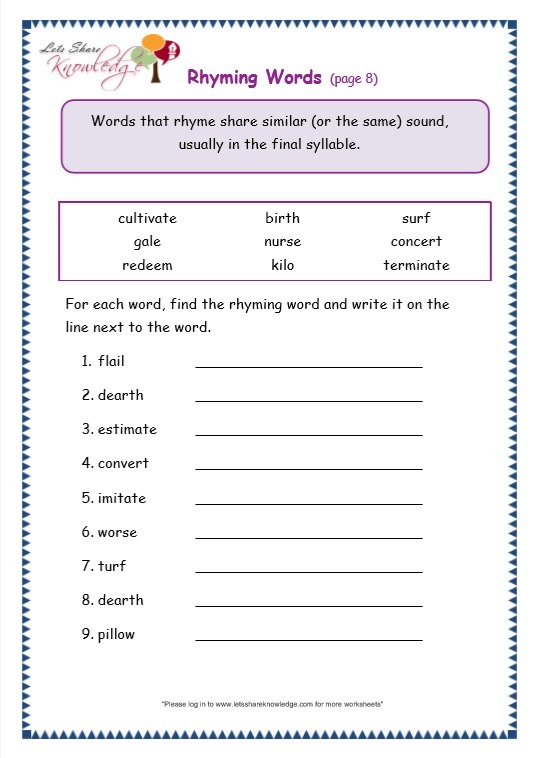 Grade 3 Grammar Topic 32  Rhyming Worksheets