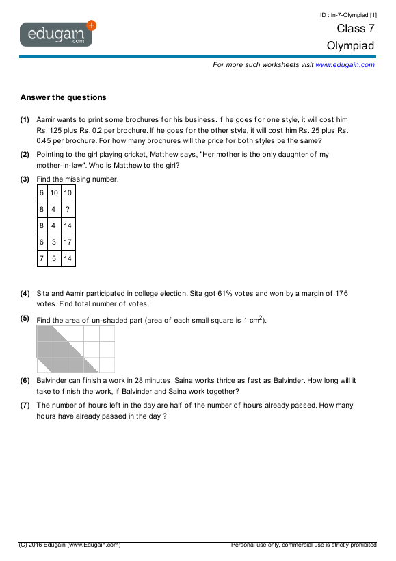 Grade 7 Olympiad  Printable Worksheets, Online Practice, Online