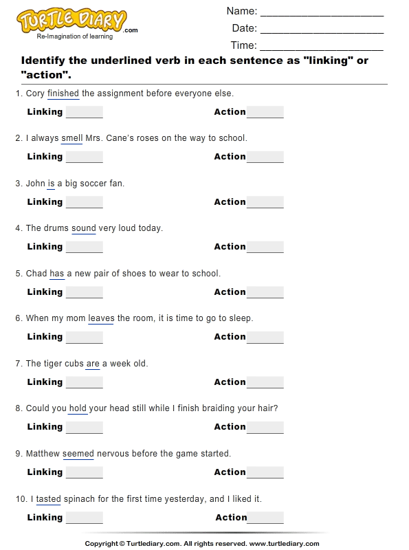 Identify Underlined Verb As Action Or Linking Worksheet