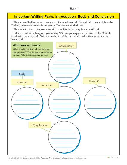 Introduction, Body And Conclusion Worksheet For 3rd Grade