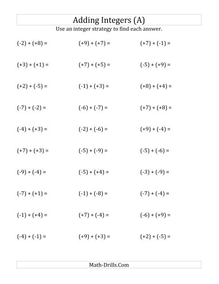 Integers Worksheets