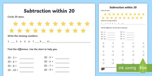Subtraction Within 20 Worksheet   Activity Sheet