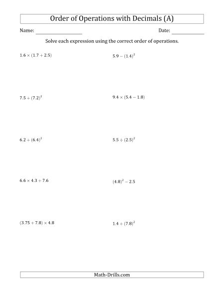 Order Of Operations Worksheets