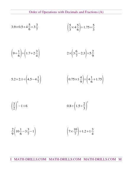Order Of Operations Worksheets