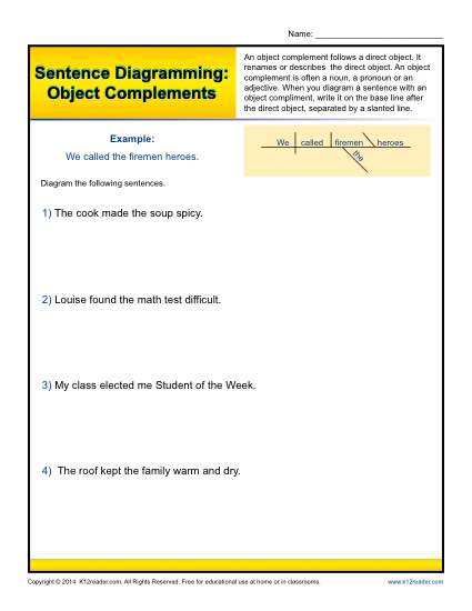 Sentence Diagramming  Object Complements Worksheets
