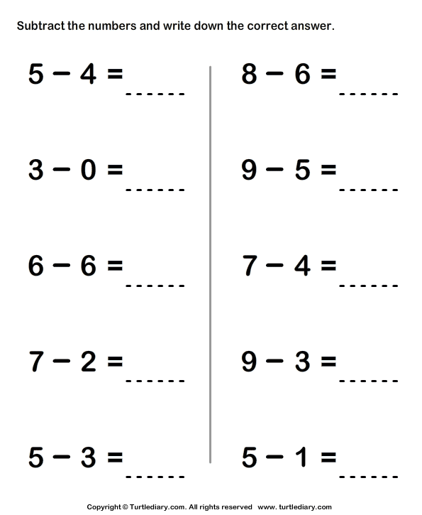 Subtracting Two One Digit Numbers Within Ten Worksheet