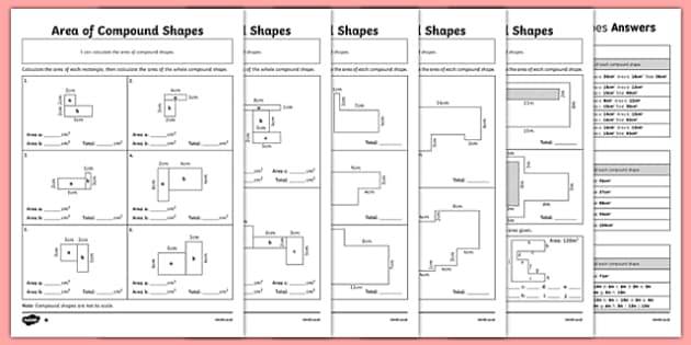 Area Of Compound Shapes Differentiated Worksheet Pack