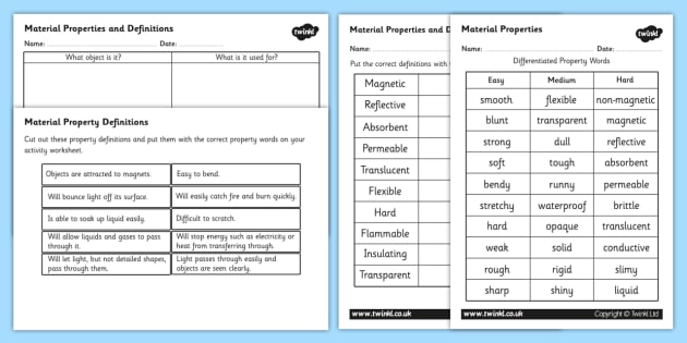 Material Properties And Definition Activity