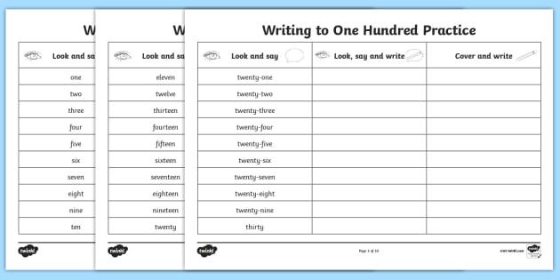 Number Words One To A Hundred Writing Practice Worksheets