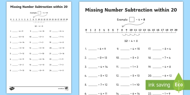 Missing Number Subtraction Within 20 Worksheet   Activity Sheet