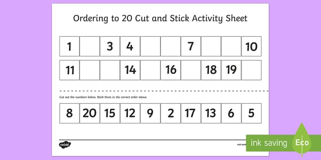 Ordering Numbers To 20 Cut And Stick Worksheet