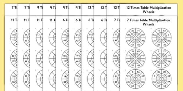 6, 7, 9, 11 And 12 Times Table Multiplication Wheels Worksheet
