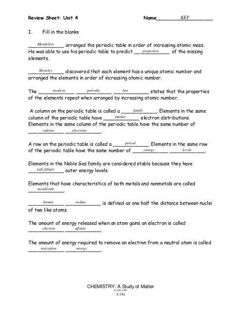 Unit 4 Review Sheet Key