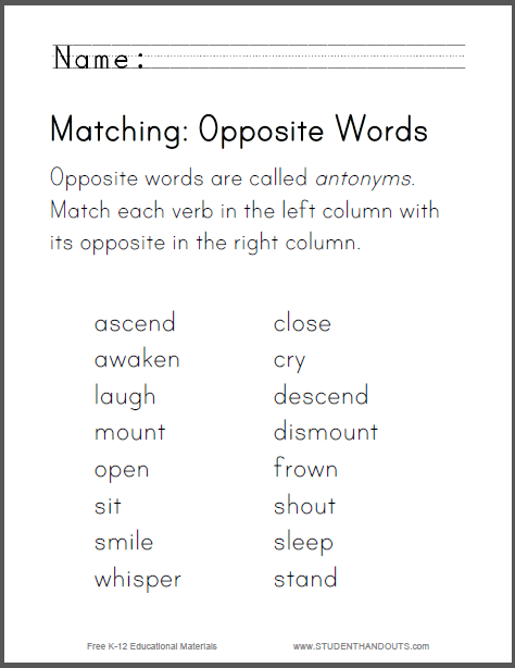 Verb Antonyms Worksheet For Kindergarten