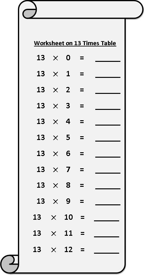Worksheet On 13 Times Table