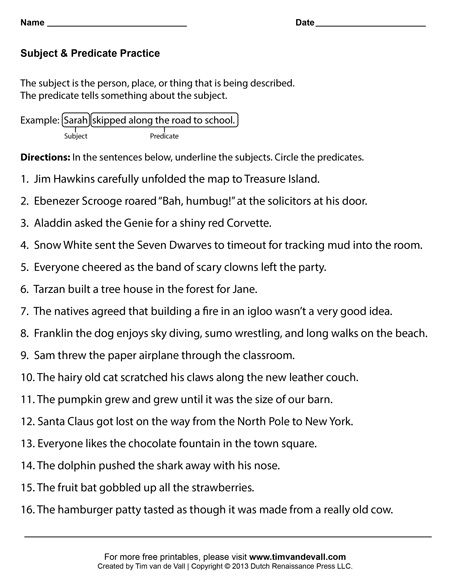 Subject And Predicate Worksheets