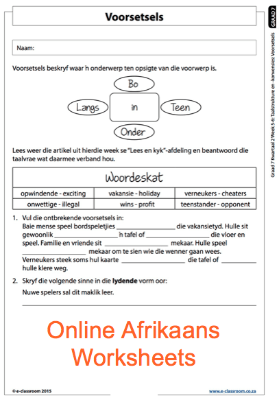 Grade 7 Online Afrikaans Voorsetsels Worksheets  For More