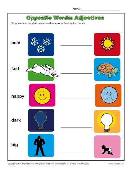Kindergarten Antonym Worksheet