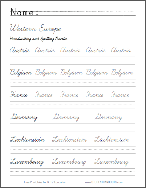 Western Europe In Cursive Script Worksheet