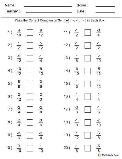 Comparing Fractions Worksheets