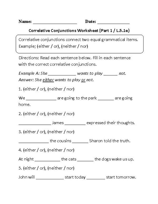 5th Grade Worksheets English Correlative Conjuntions