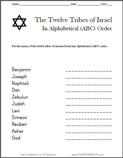 Twelve Tribes Of Israel In Abc Order Worksheet