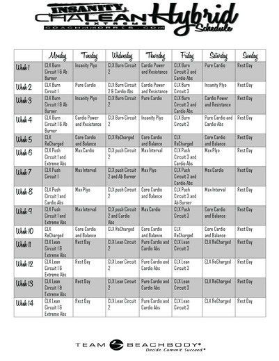 Insanity Chalean Extreme Hybrid Schedule (free Printable Calendar