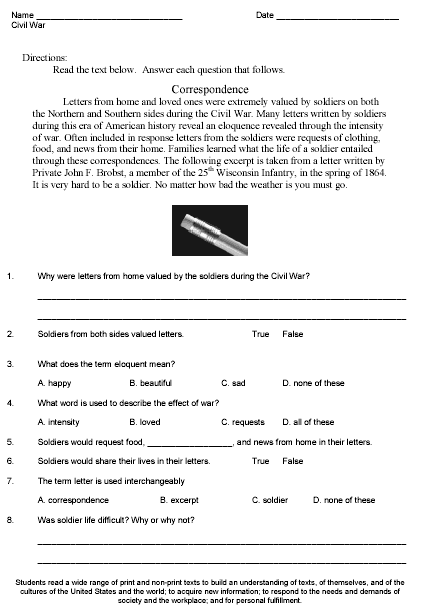 American Civil War Worksheet Sample