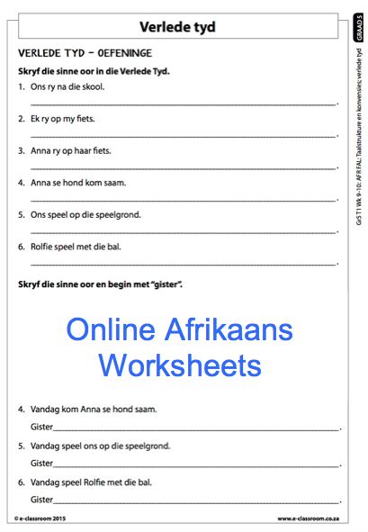 Grade 5 Online Afrikaans Worksheets, Verlede Tyd  For More