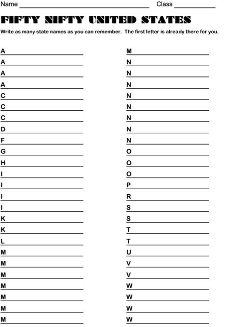 The Fifty States, First Letter Is Given And Students Fill In As