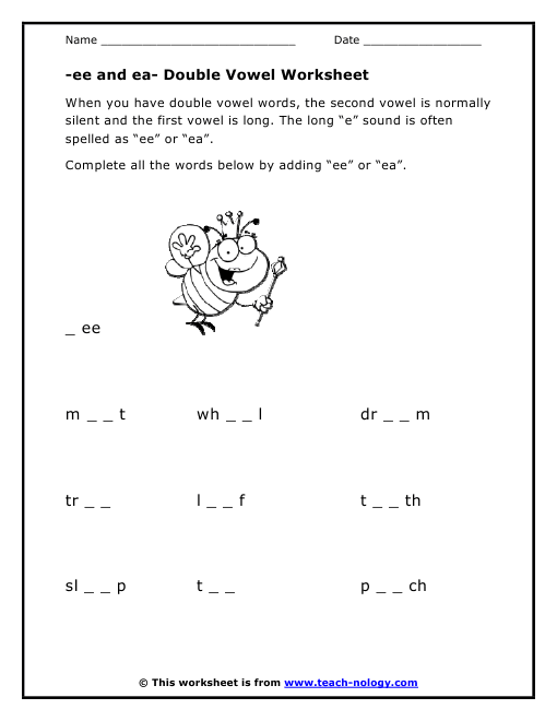 Double Vowel Free Worksheet For 'ee' & 'ea'