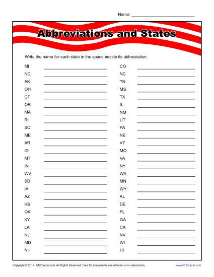 Abbreviations And States Worksheet Practice Activty