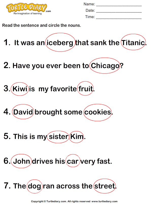 Circle The Nouns Worksheet