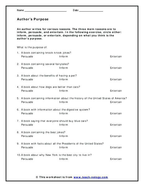Authors Purpose Worksheets 6th Grade Pdf â Sibarit Info