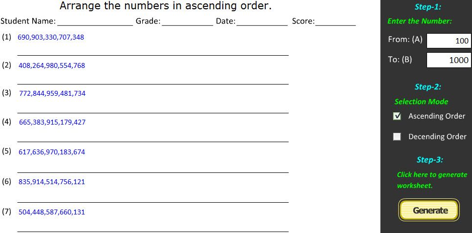 Ascending Order & Descending Order Worksheet Generator