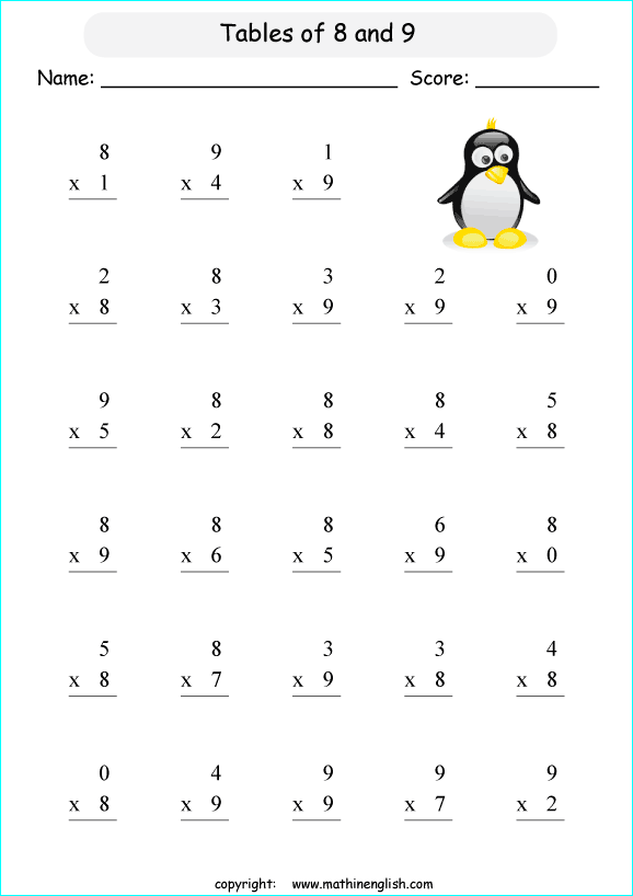 Basic Multiplication Worksheet Multiply Numbers 8 Or 9 Basic
