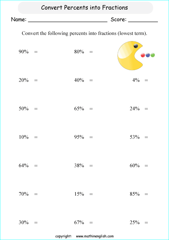 Convert These Basic Easier Percents Into Basic Fractions Worksheet