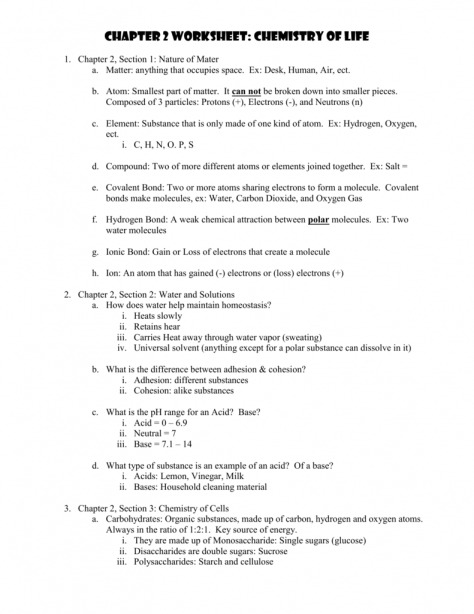 The Chemistry Of Life Worksheet Answers